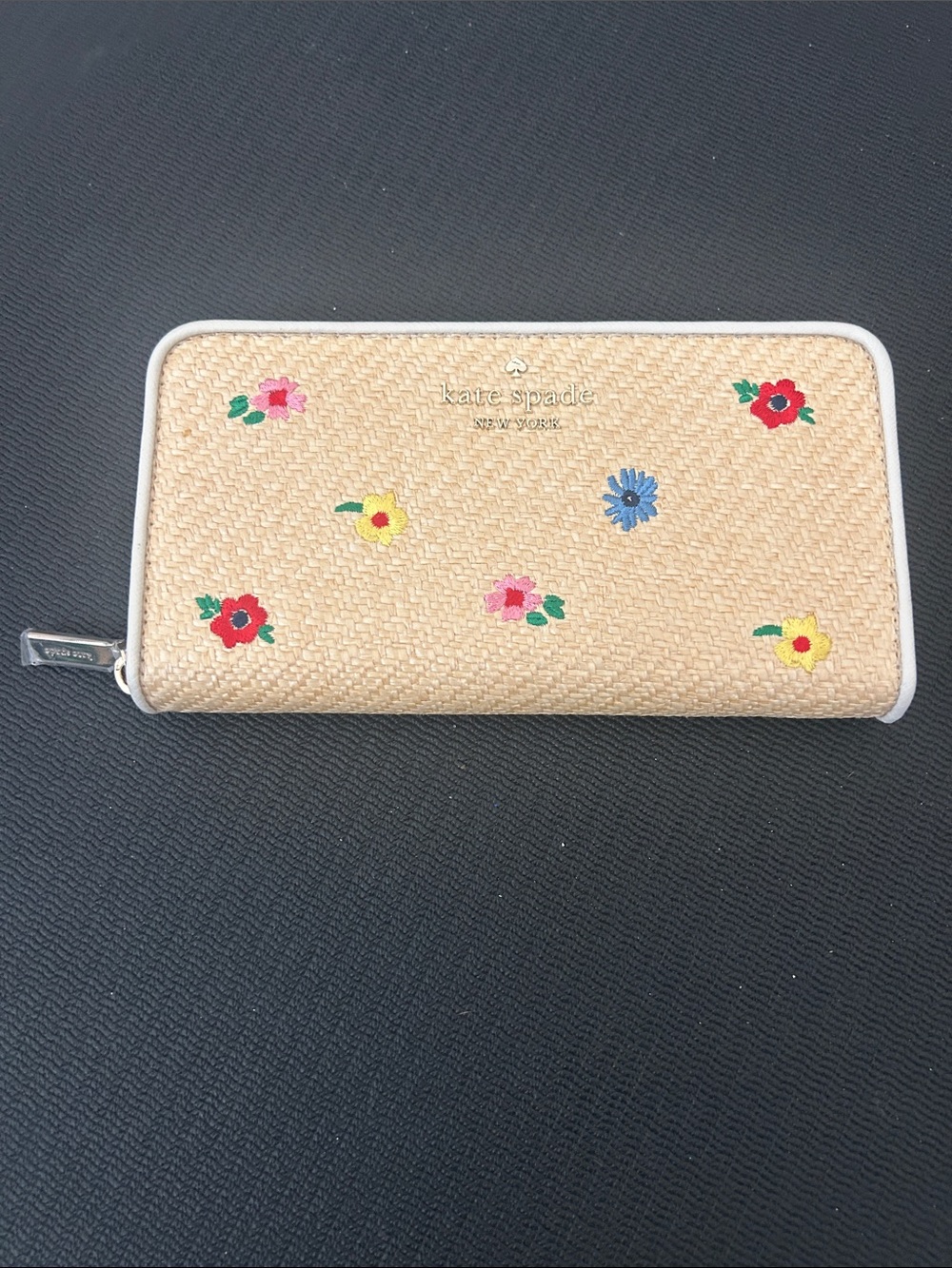kate spade Natural Straw Floral Zip Around Wallet